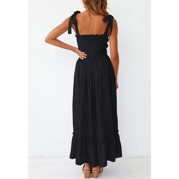 Women's 2024 Summer Boho Spaghetti Strap Square Neck Solid Color Ruffle A Line B - Picture 3 of 9